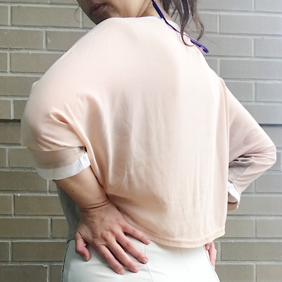 Unique Tan Knit and Chiffon Bat-wing Crop Blouse - Picture 7 of 10